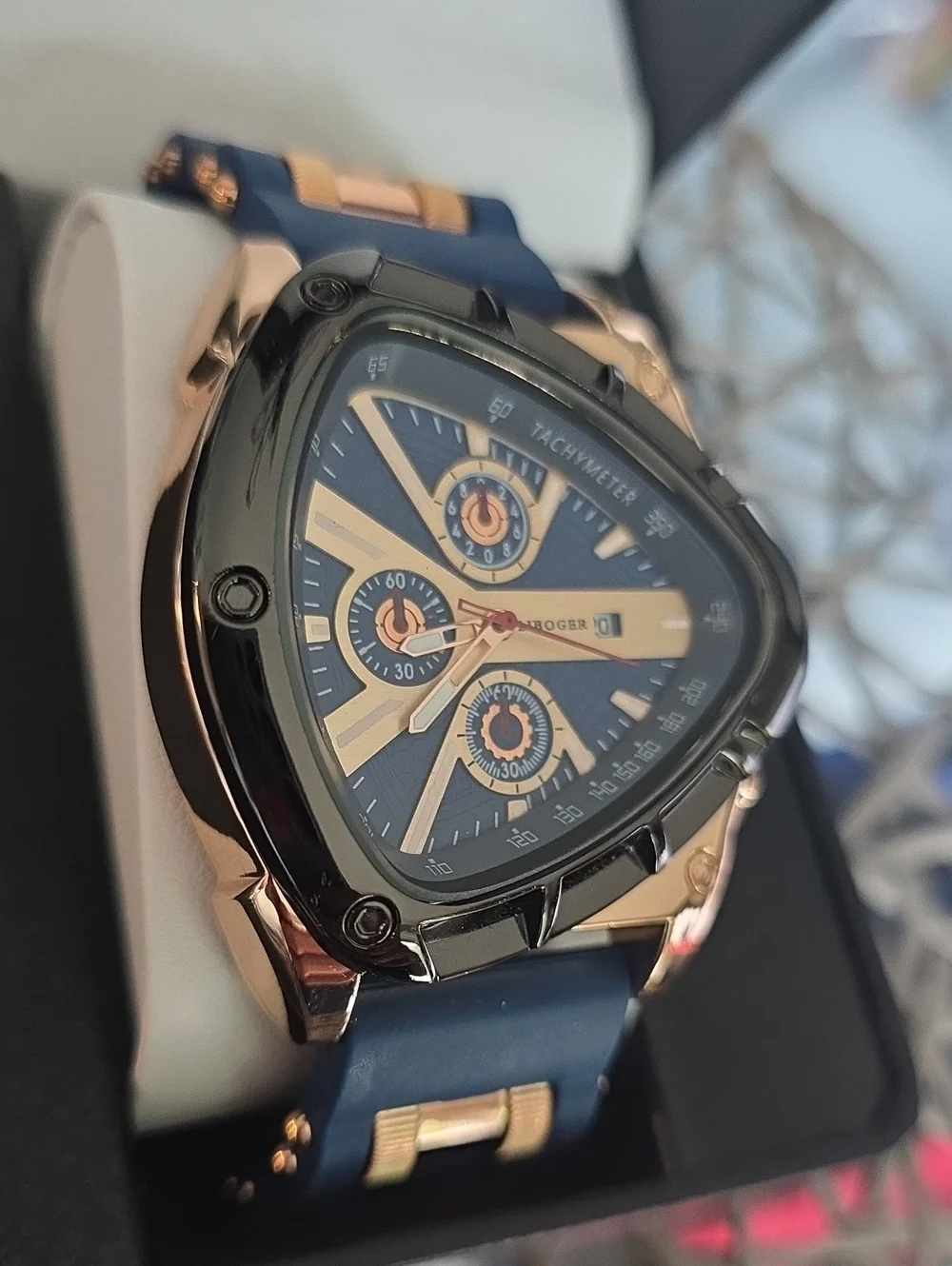 277.   Unique Triangular Men's Chronograph Watch - Navy & Rose Gold